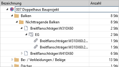 ORCA - IFC Mengenübernahme - Baumstruktur in Bauteile - Anzahl