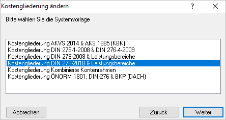 Kostengliederung auswählen