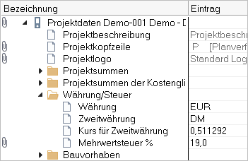 Tabelle Projektdaten - Währung/Steuer und EURO