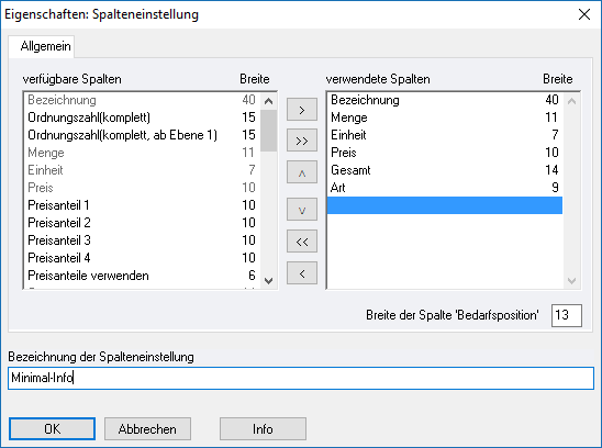 Eigenschaften: Spalteneinstellungen