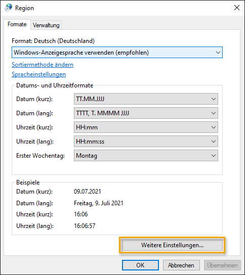 Dialog Windows-Systemsteuerung Region