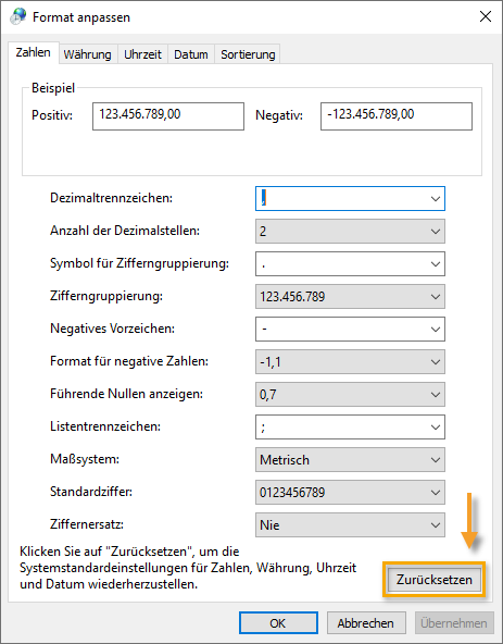 Dialog Windows-Systemsteuerung Format anpassen