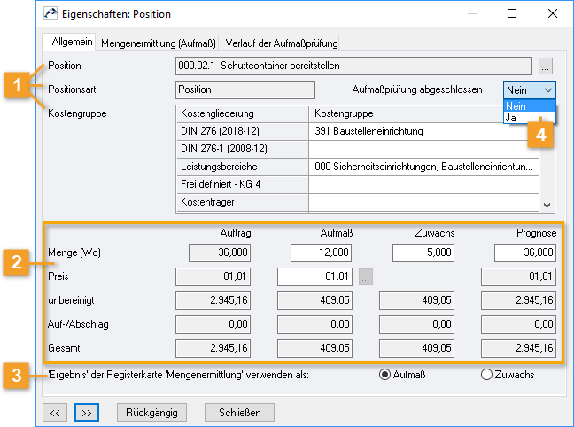 ORCA AVA - Aufmaßprüfung - Dialog Eigenschaften: Position/Allgemein