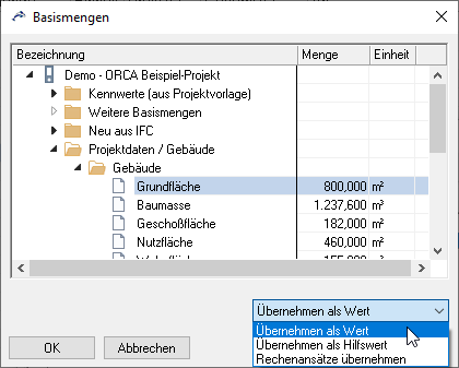 ORCA Screenshot Mengen aus der Tabelle Mengen